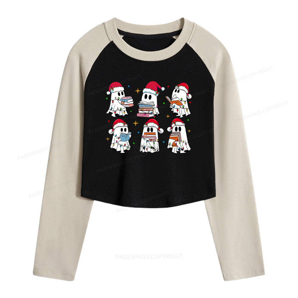 Pagewings Christmas Book Ghost Women Long Sleeve Crop Raglan T-shirt