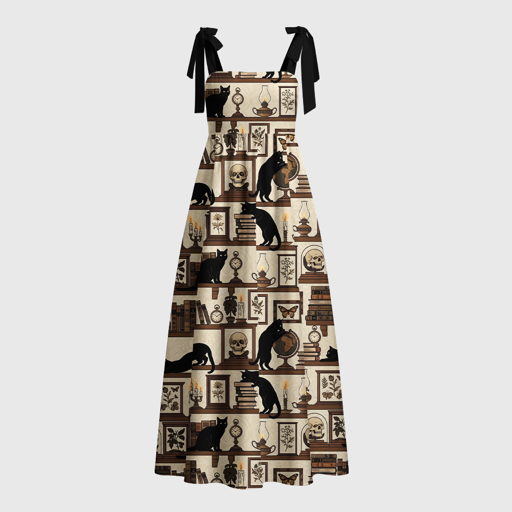 Pagewings Gothic Black Cat Bookshelf Tie Shoulder Maxi Dress