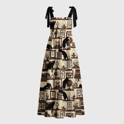 Pagewings Gothic Black Cat Bookshelf Tie Shoulder Maxi Dress