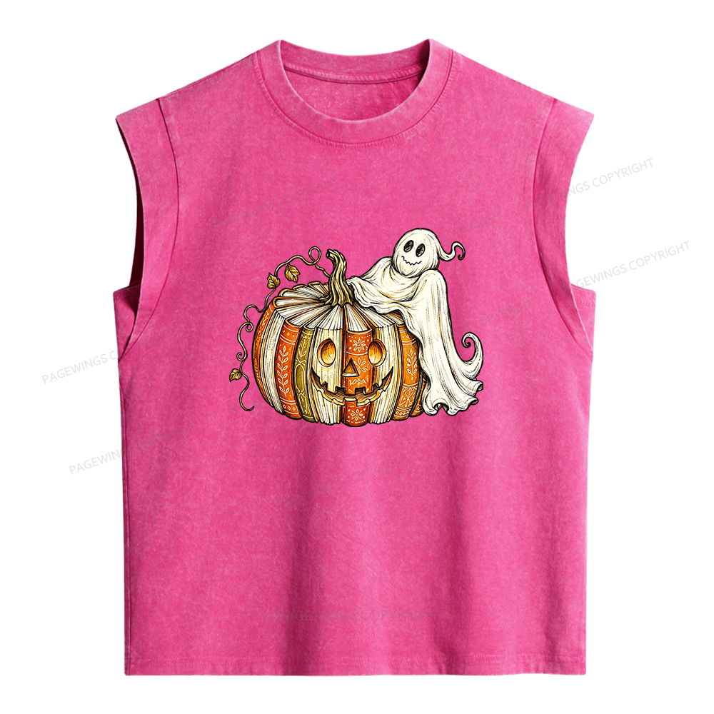 Pagewings Book Pumpkin Ghost Women's Washed Tank Top