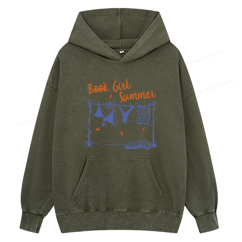 Pagewings Book Girl Summer Bookish Unisex Washed Hoodie