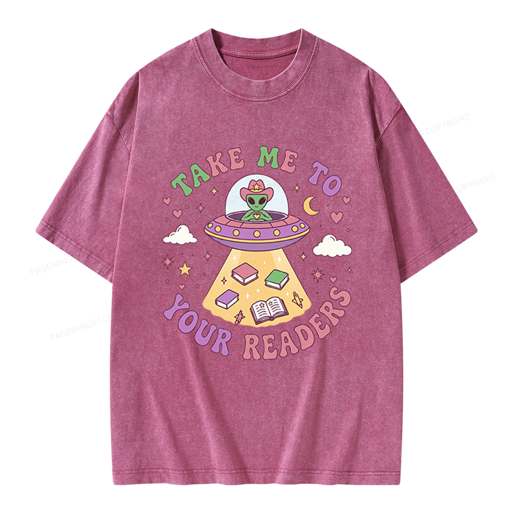 Pagewings Cute Alien Reading Unisex Washed T-shirt