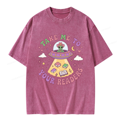 Pagewings Cute Alien Reading Unisex Washed T-shirt