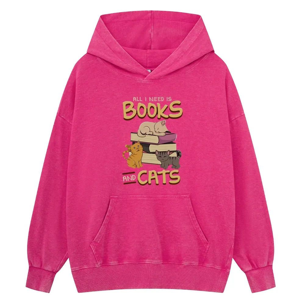 Pagewings All I Need Is Books And Cats Unisex Washed Hoodie