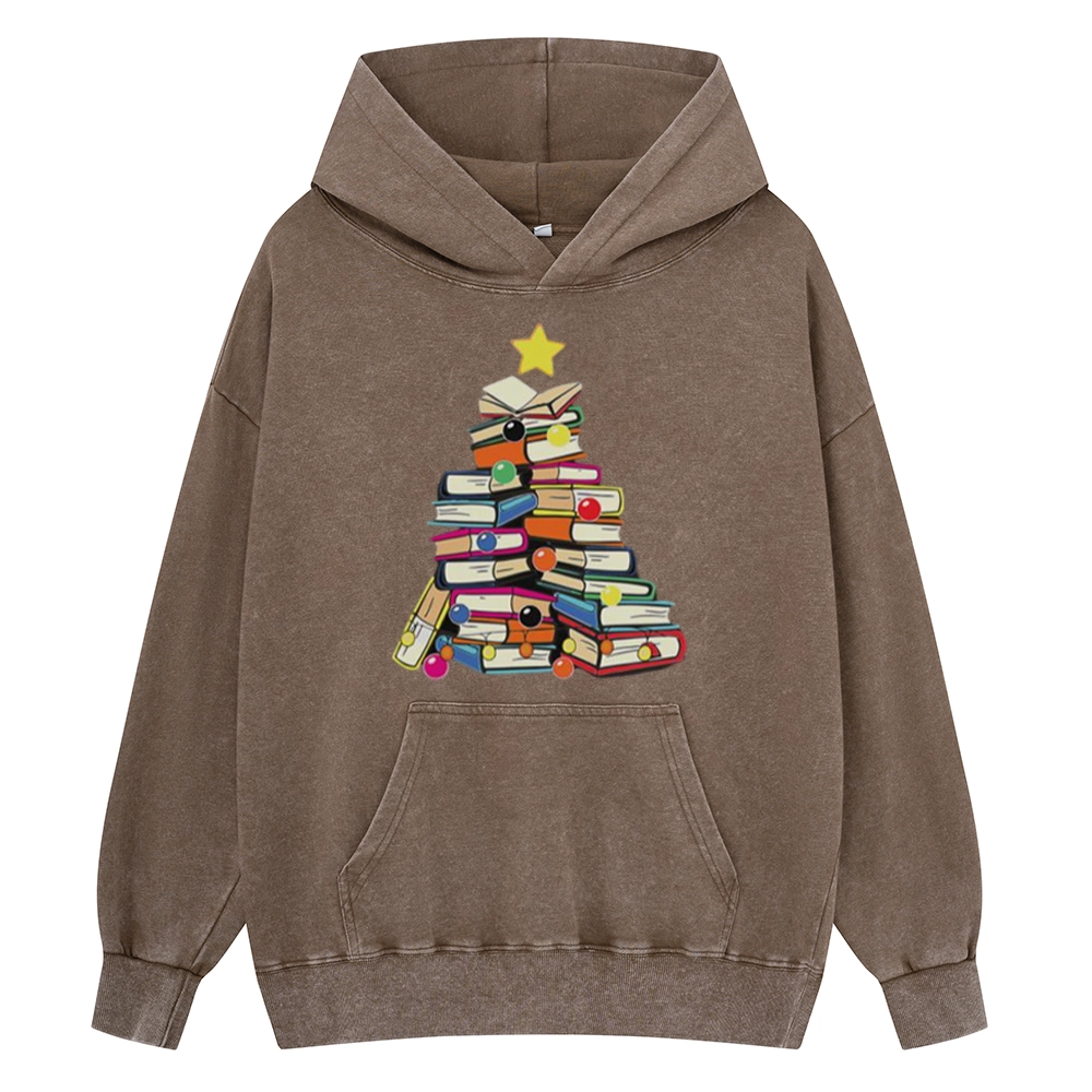 Pagewings Christmas Tree Bookworm Unisex Washed Hoodie