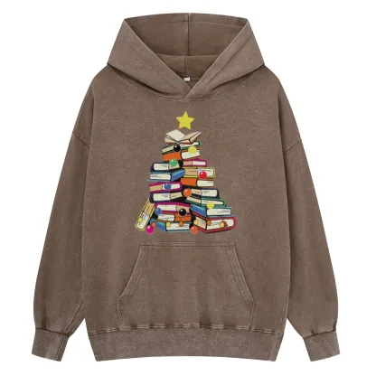 Pagewings Christmas Tree Bookworm Unisex Washed Hoodie