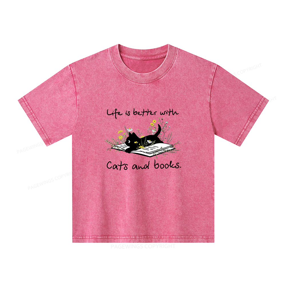 Pagewings Life Is Better With Cats And Books Unisex Kids Washed T-shirt