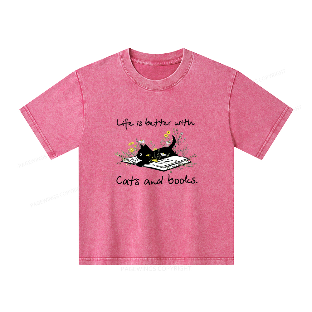 Pagewings Life Is Better With Cats And Books Unisex Kids Washed T-shirt