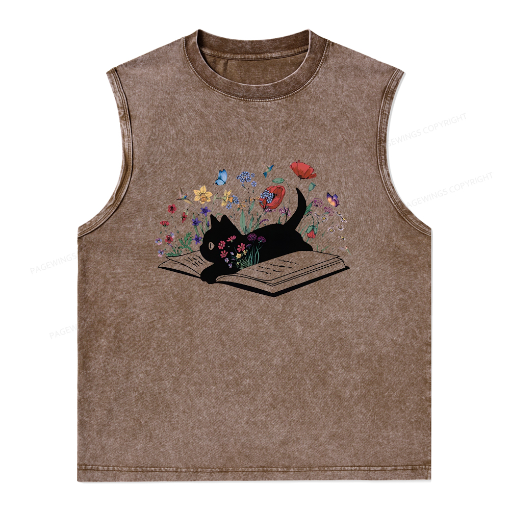 Pagewings Cute Book Cat Unisex Washed Tank Top