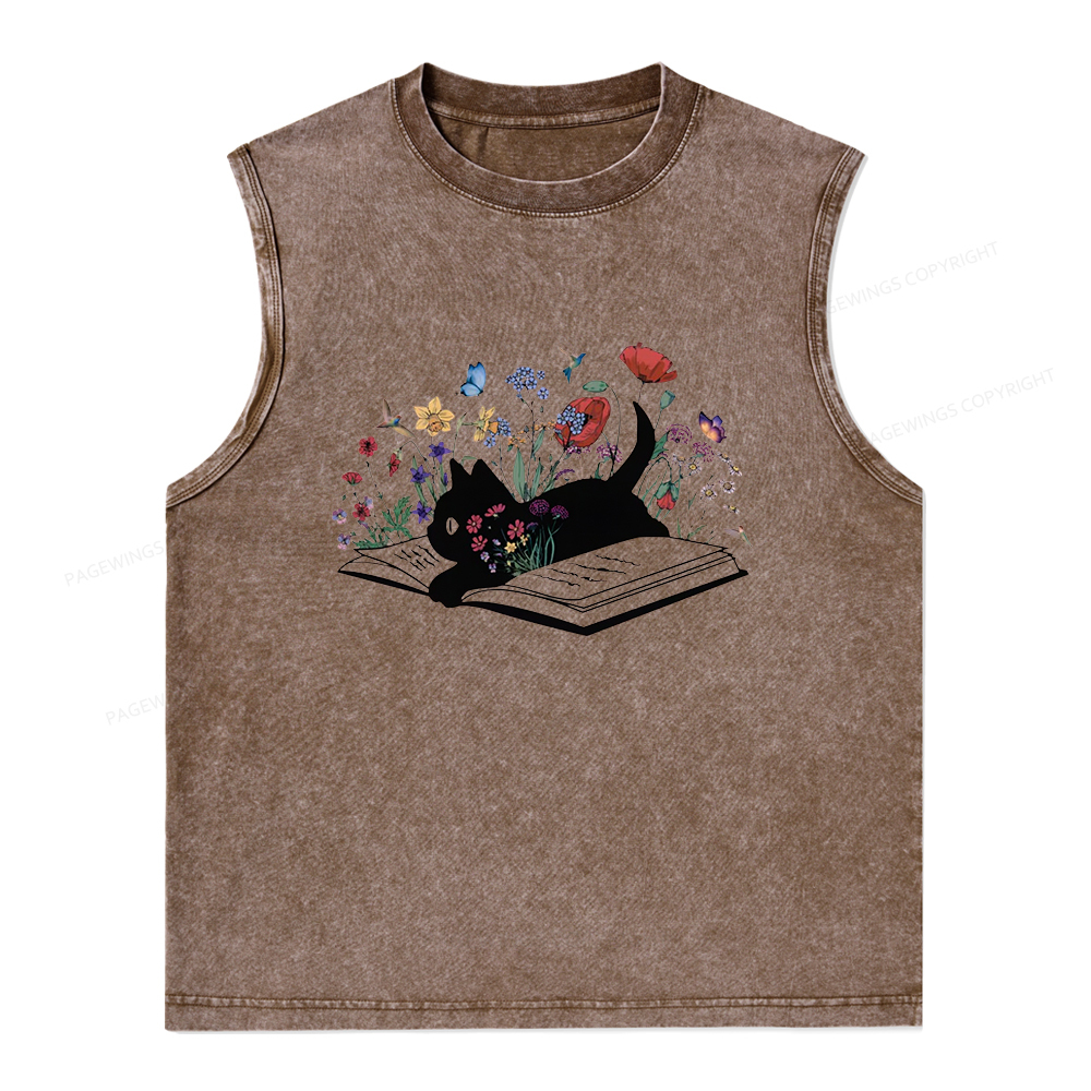 Pagewings Cute Book Cat Unisex Washed Tank Top