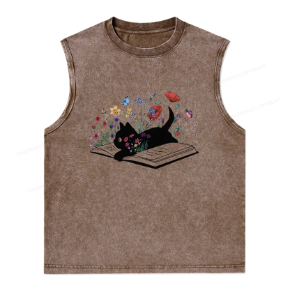 Pagewings Cute Book Cat Unisex Washed Tank Top