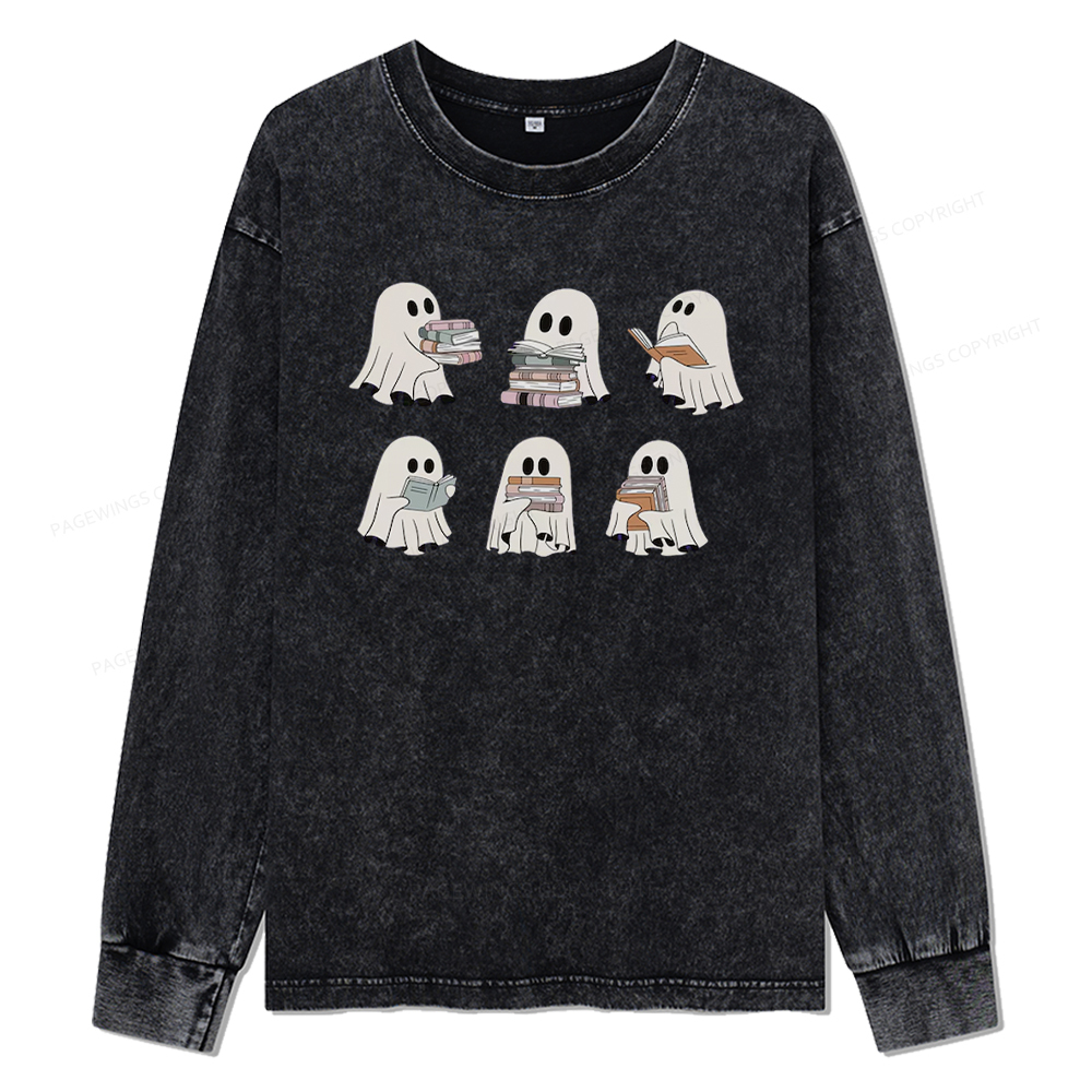 pagewings Ghost Reading Halloween Unisex Washed Long Sleeve T-shirt