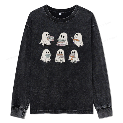 pagewings Ghost Reading Halloween Unisex Washed Long Sleeve T-shirt