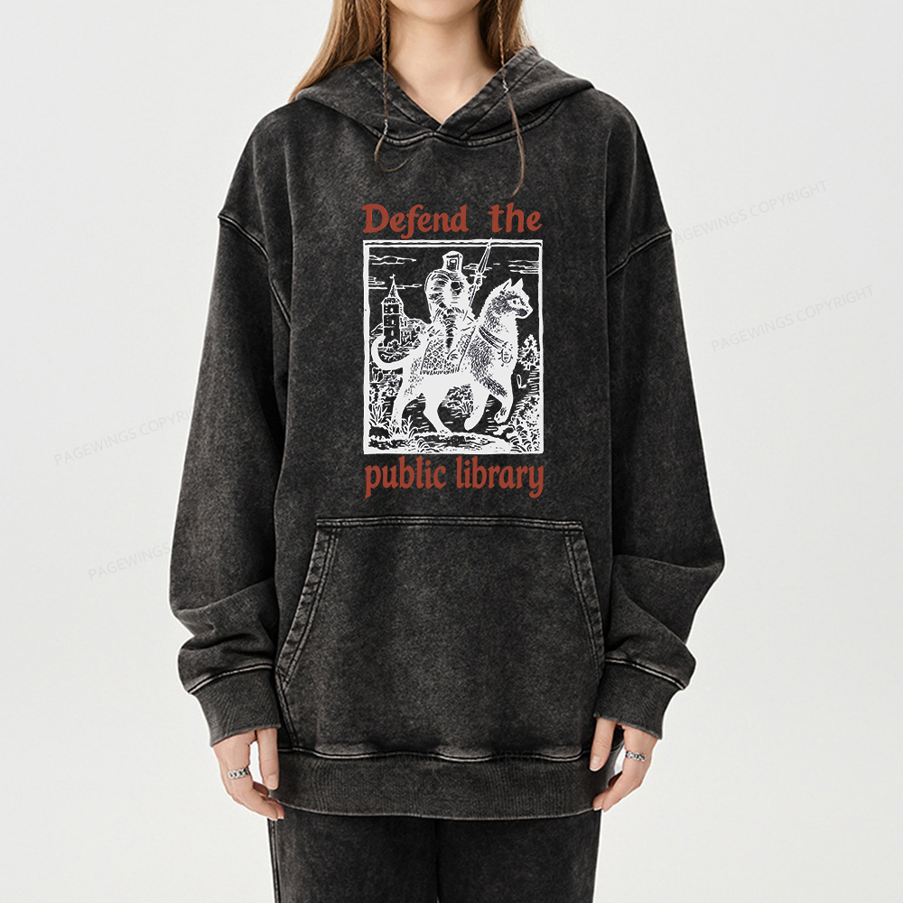 Pagewings Defend the Public Library Unisex Washed Hoodie