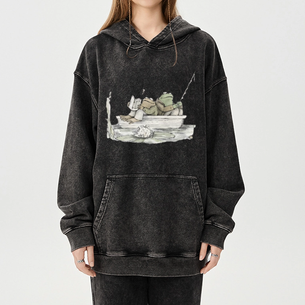 Pagewings Frog Reading Unisex Washed Hoodie