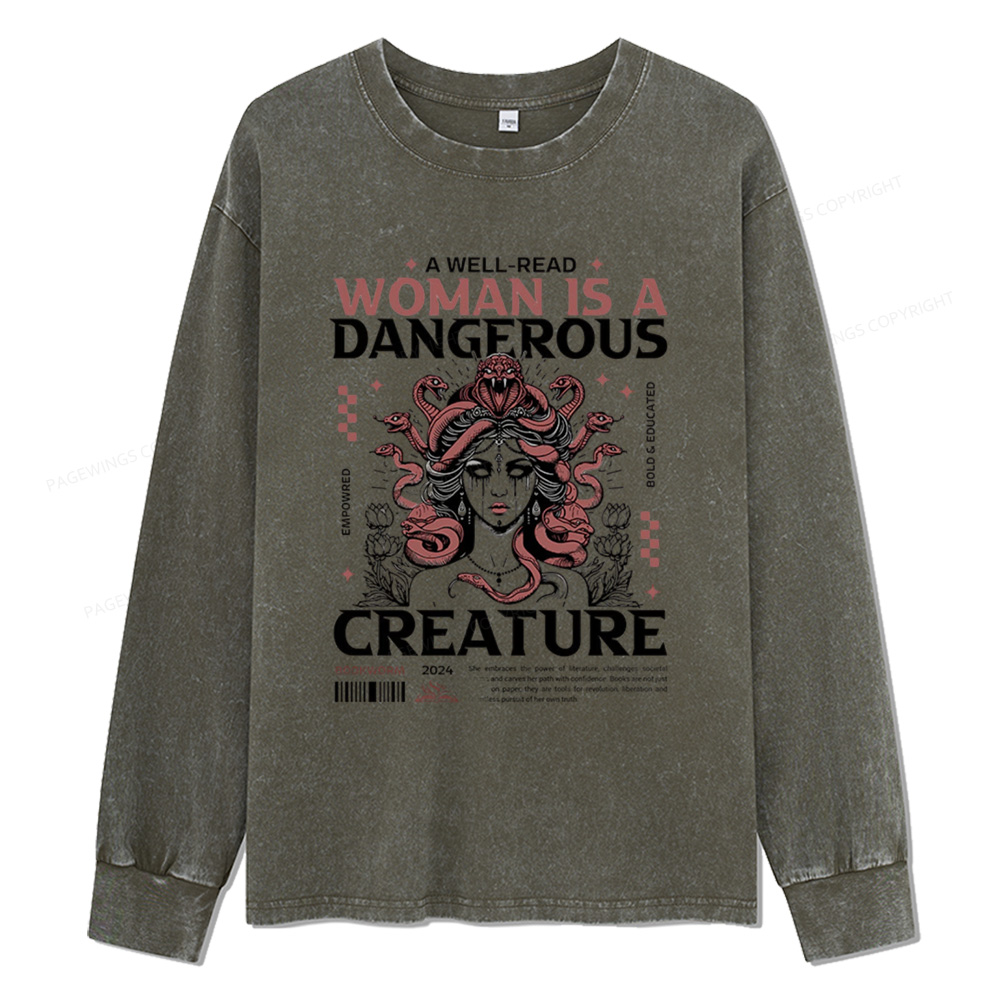 Pagewings A Well-Read Woman is A Dangerous Creature Unisex Washed Long Sleeve T-shirt