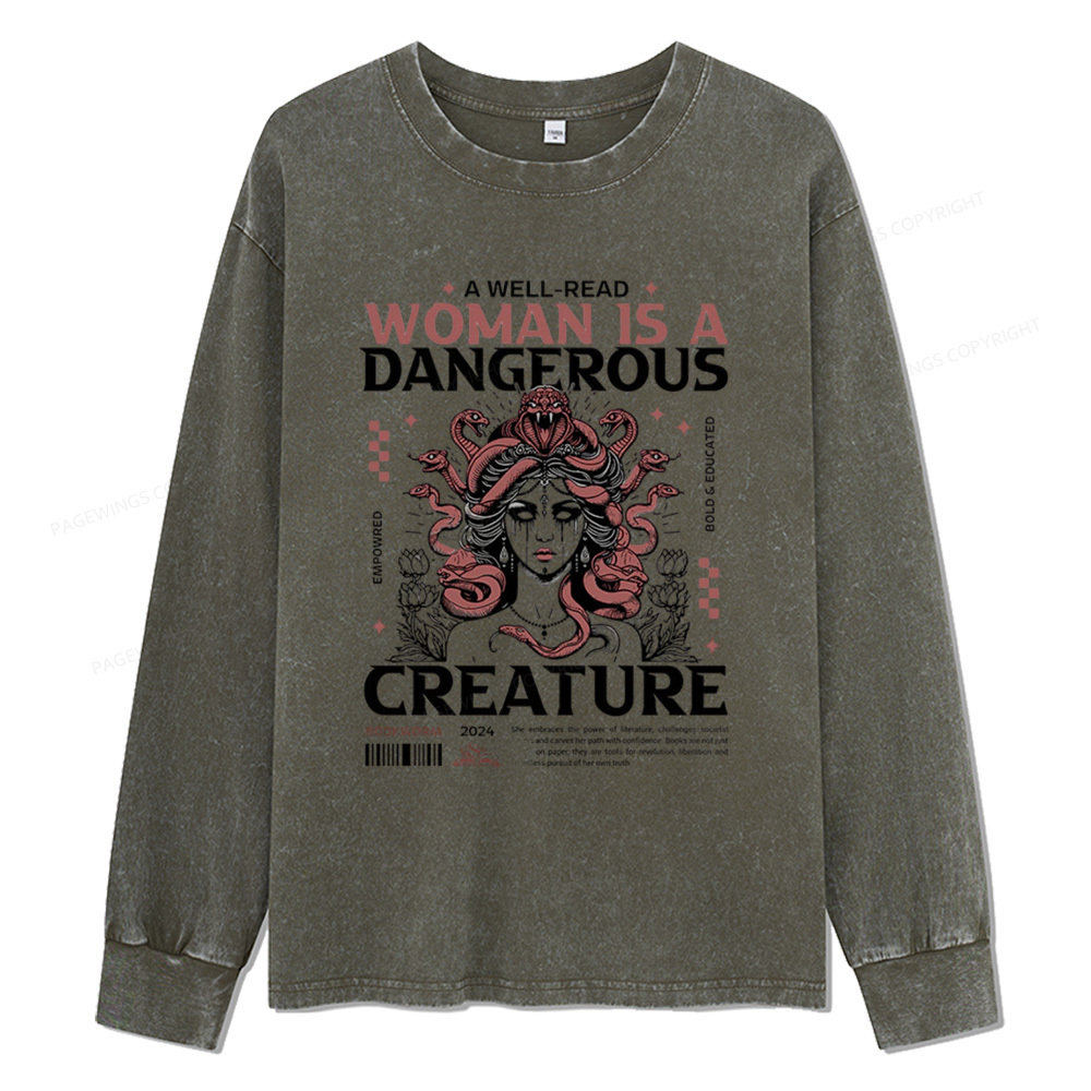 Pagewings A Well-Read Woman is A Dangerous Creature Unisex Washed Long Sleeve T-shirt