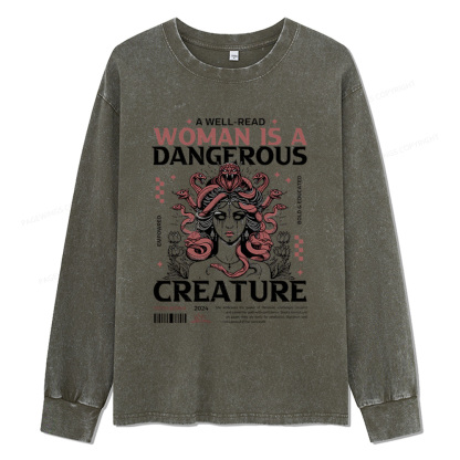 Pagewings A Well-Read Woman is A Dangerous Creature Unisex Washed Long Sleeve T-shirt