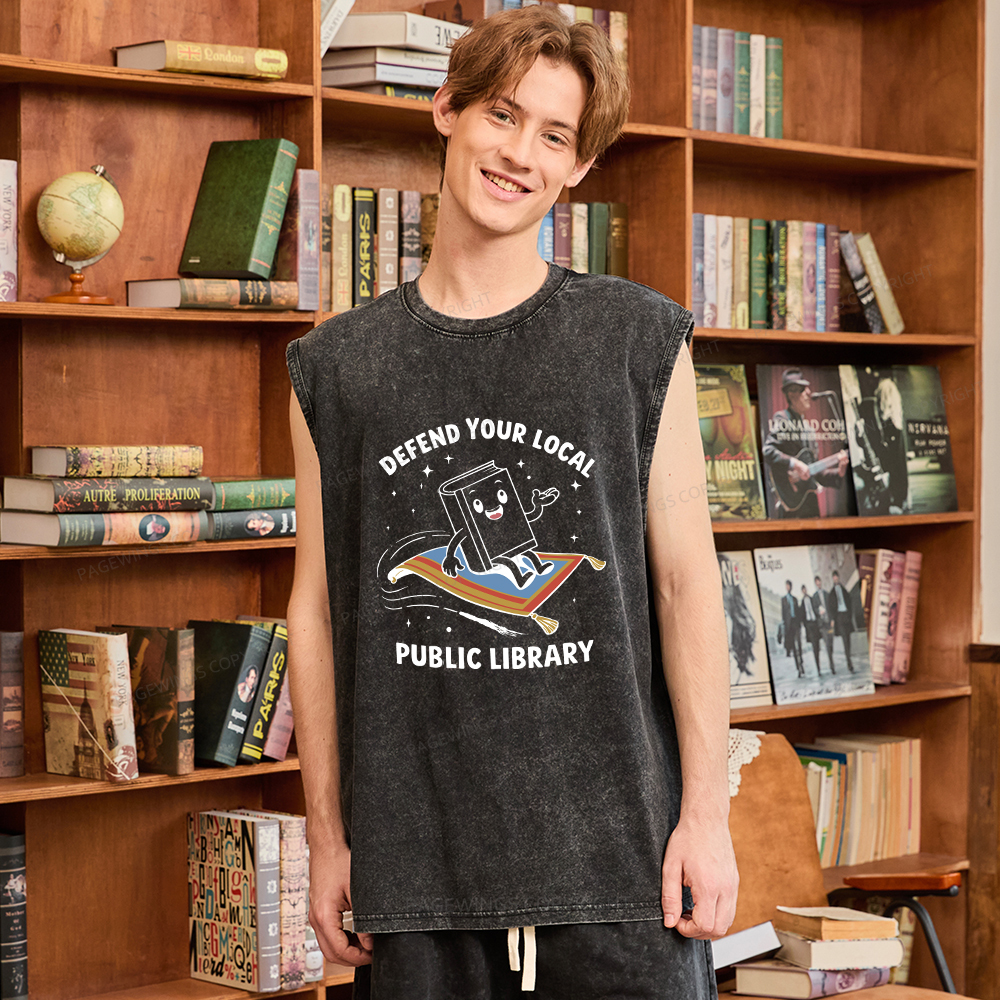 Pagewings Defend Your Local Public Library Unisex Washed Tank Top