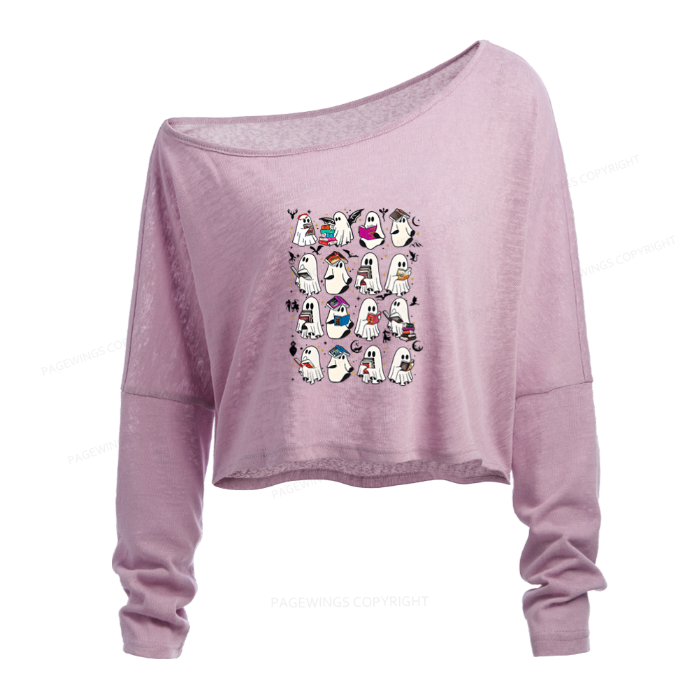 Pagewings Retro Ghost Book Fantasy Slouchy Long Sleeve Off Shoulder T-shirt
