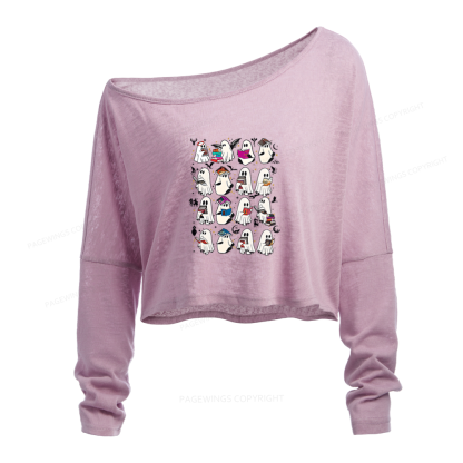 Pagewings Retro Ghost Book Fantasy Slouchy Long Sleeve Off Shoulder T-shirt