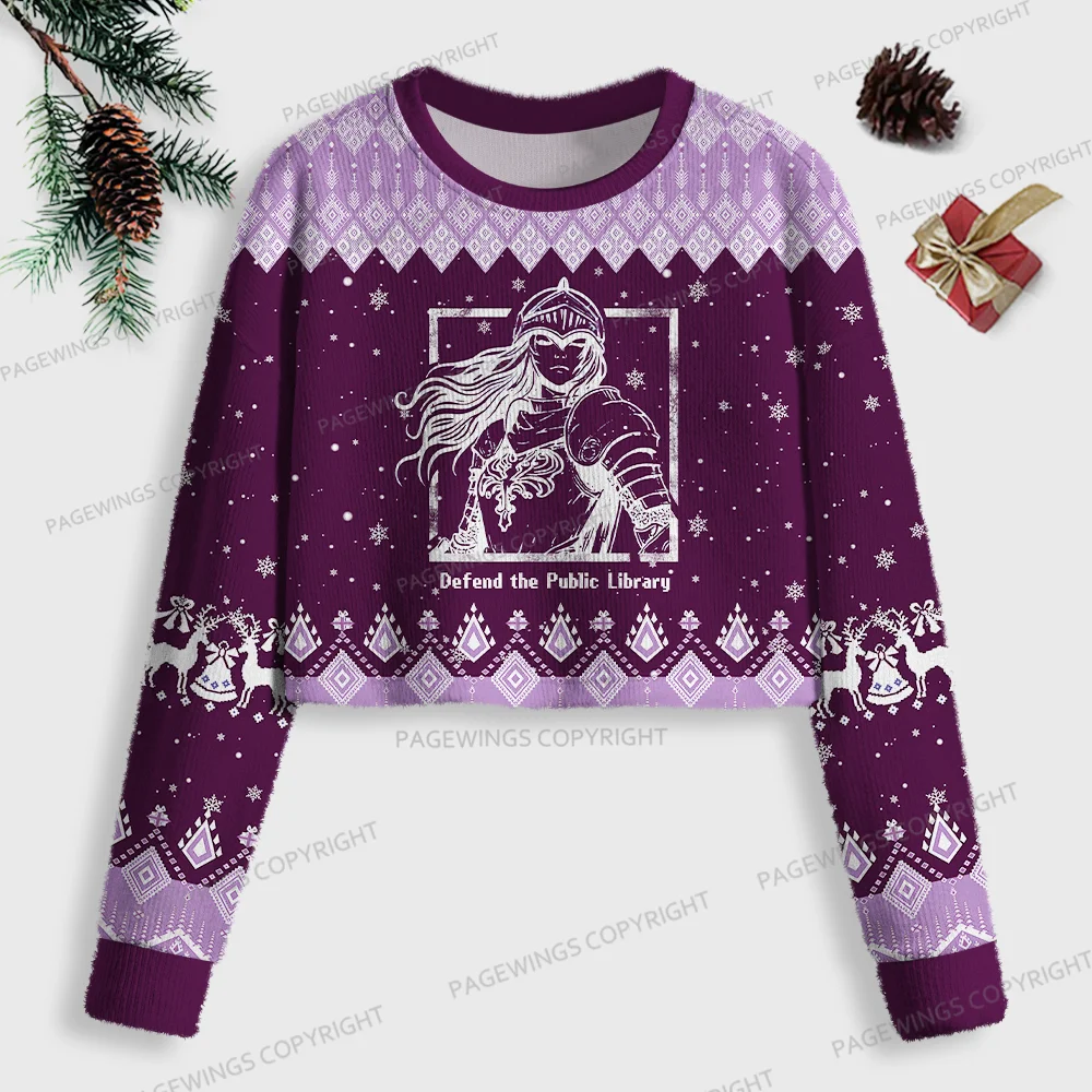 Pagewings Defend The Public Library Women Ugly Crop Sweatshirt