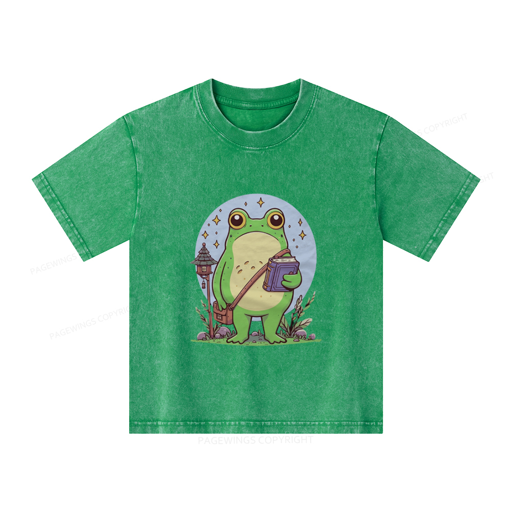 Pagewings Frog Reading Book Unisex Kids Washed T-shirt