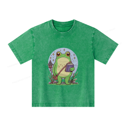 Pagewings Frog Reading Book Unisex Kids Washed T-shirt