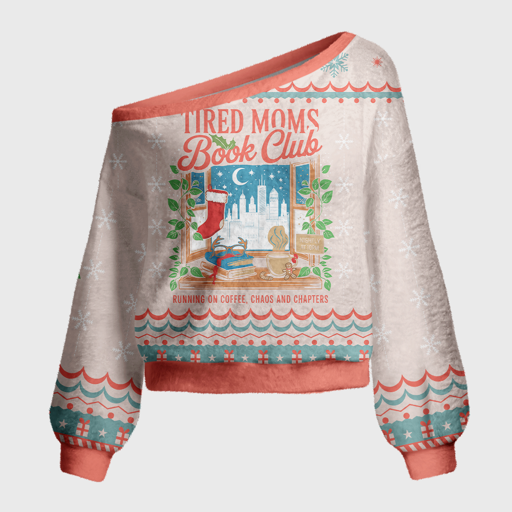 Pagewings Mom Life Coffee Books Christmas Off Shoulder Ugly Knit Sweater