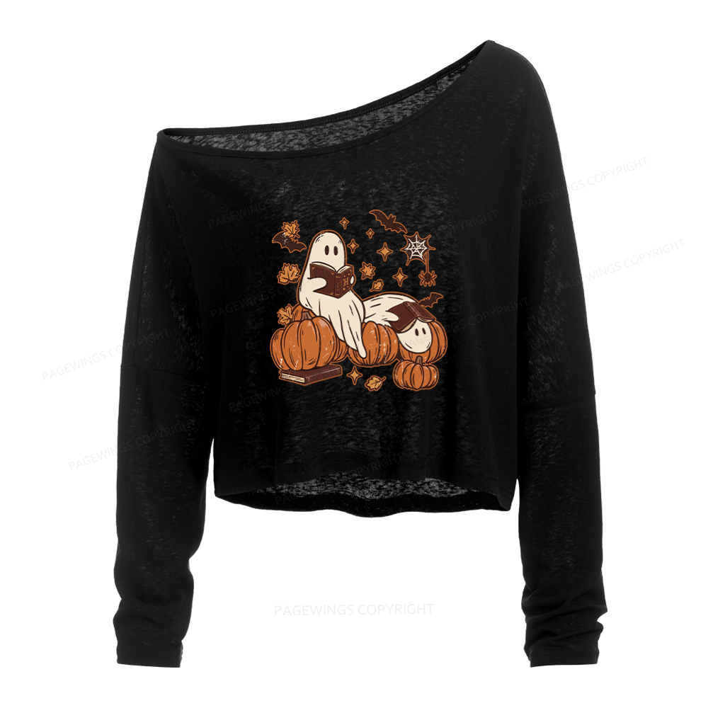 Pagewings Ghost Reading Slouchy Long Sleeve Off Shoulder T-shirt