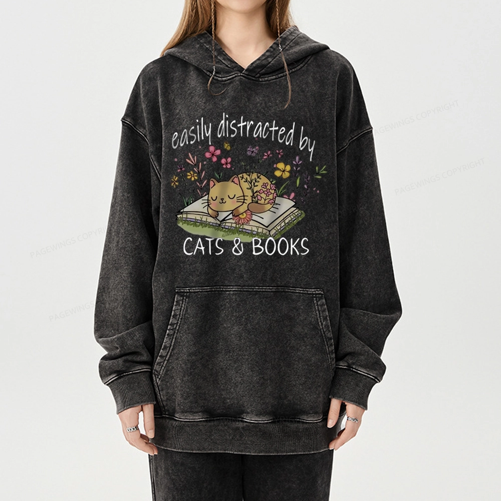 Pagewings Easily Distracted By Cats And Books Unisex Washed Hoodie
