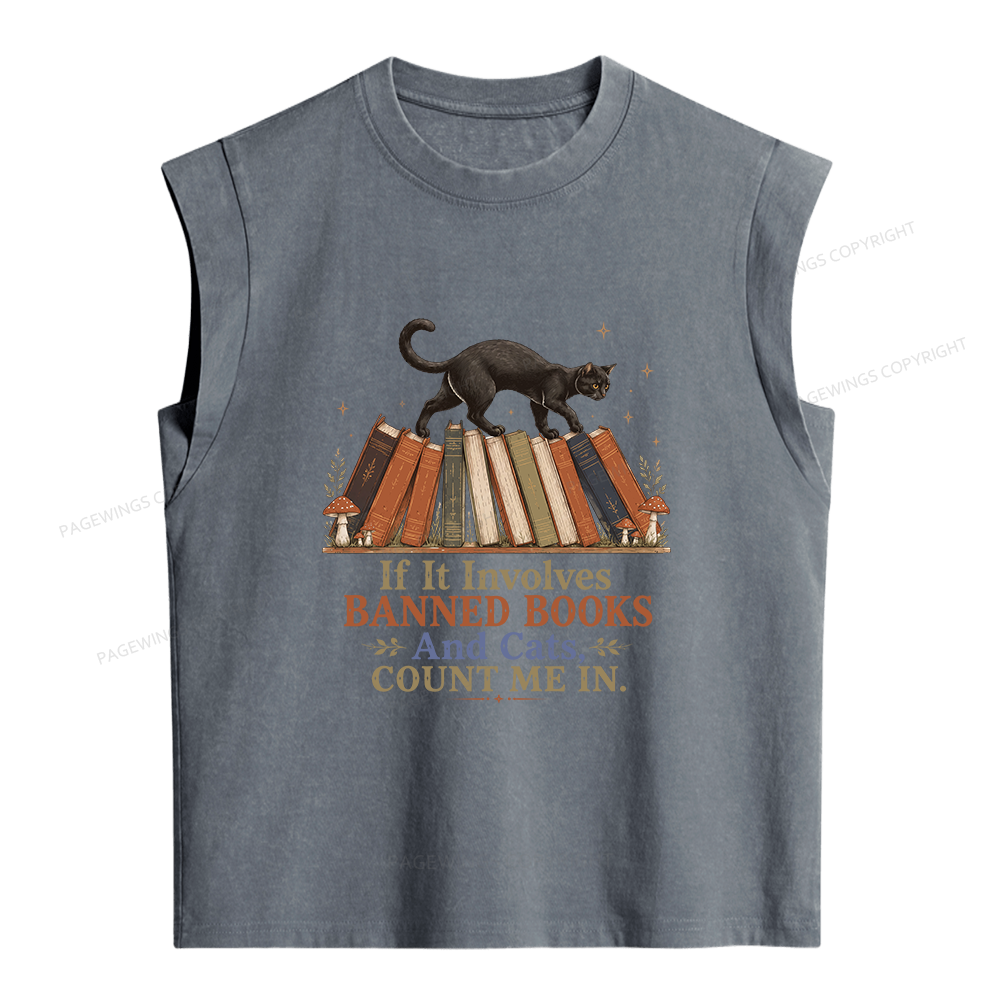Pagewings Cat Read Banned Books Women's Washed Tank Top