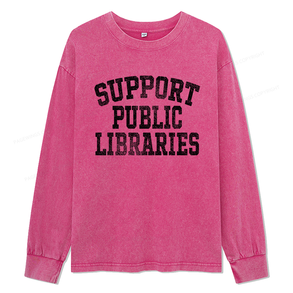 Pagewings Support Public Libraries Unisex Washed Long Sleeve T-shirt