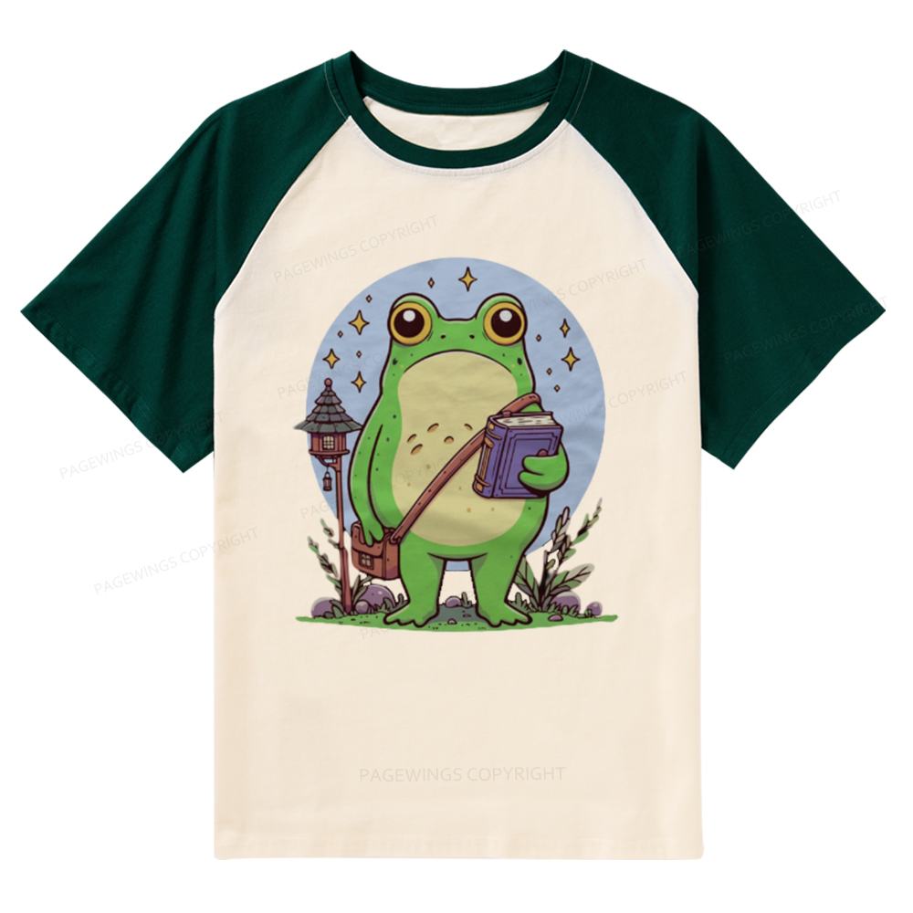 Pagewings Frog Reading Book Raglan T-shirt