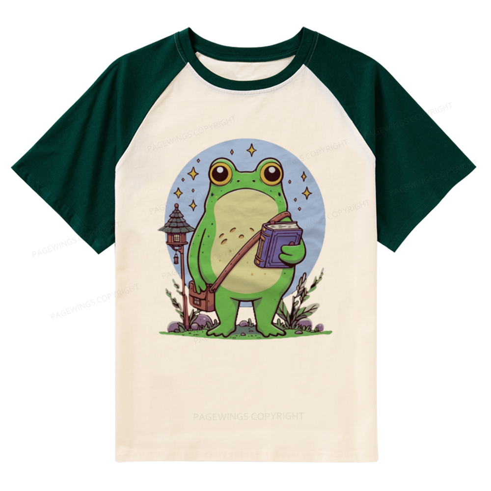 Pagewings Frog Reading Book Raglan T-shirt
