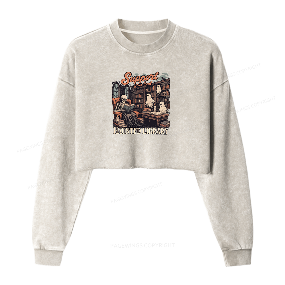 Pagewings Support Your Local Haunted Library Washed Crop Sweatshirt