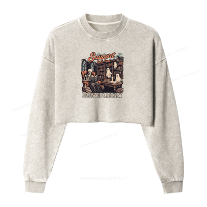 Pagewings Support Your Local Haunted Library Washed Crop Sweatshirt