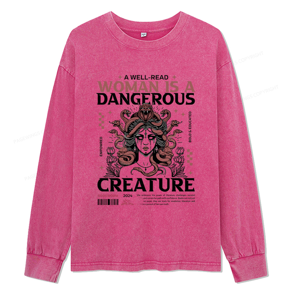 Pagewings A Well-Read Woman is A Dangerous Creature Unisex Washed Long Sleeve T-shirt