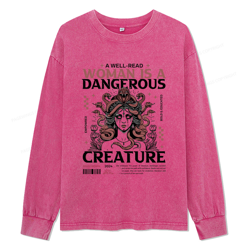 Pagewings A Well-Read Woman is A Dangerous Creature Unisex Washed Long Sleeve T-shirt
