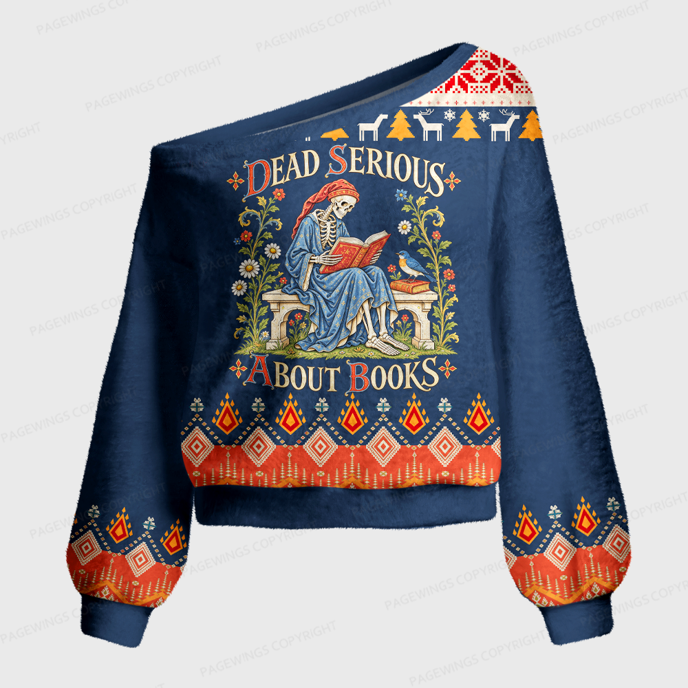 Pagewings Dead Serious About Books Off Shoulder Ugly Knit Sweater