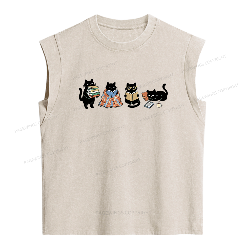 Pagewings Black Cats Reading Women's Washed Tank Top