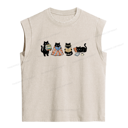Pagewings Black Cats Reading Women's Washed Tank Top