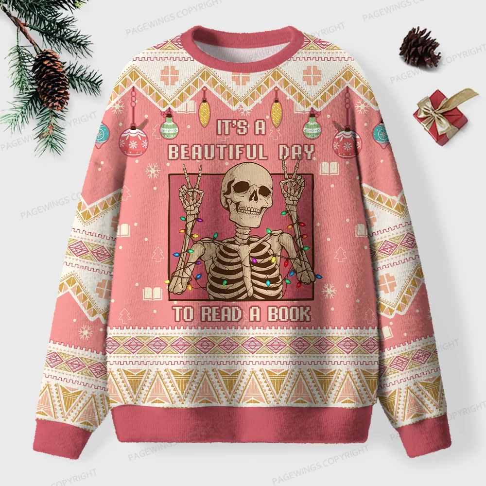Pagewings It's A Beautiful Day To Read A Book Unisex Ugly Knit Sweatshirt