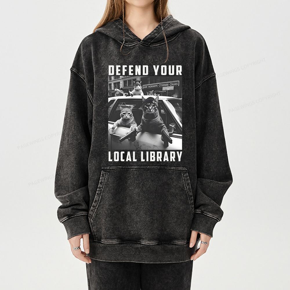 Pagewings Defend Your Local Library Unisex Washed Hoodie