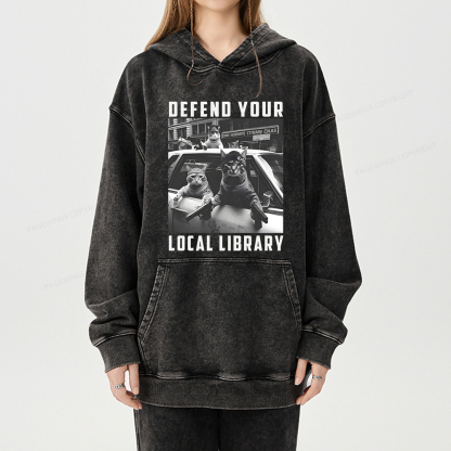 Pagewings Defend Your Local Library Unisex Washed Hoodie