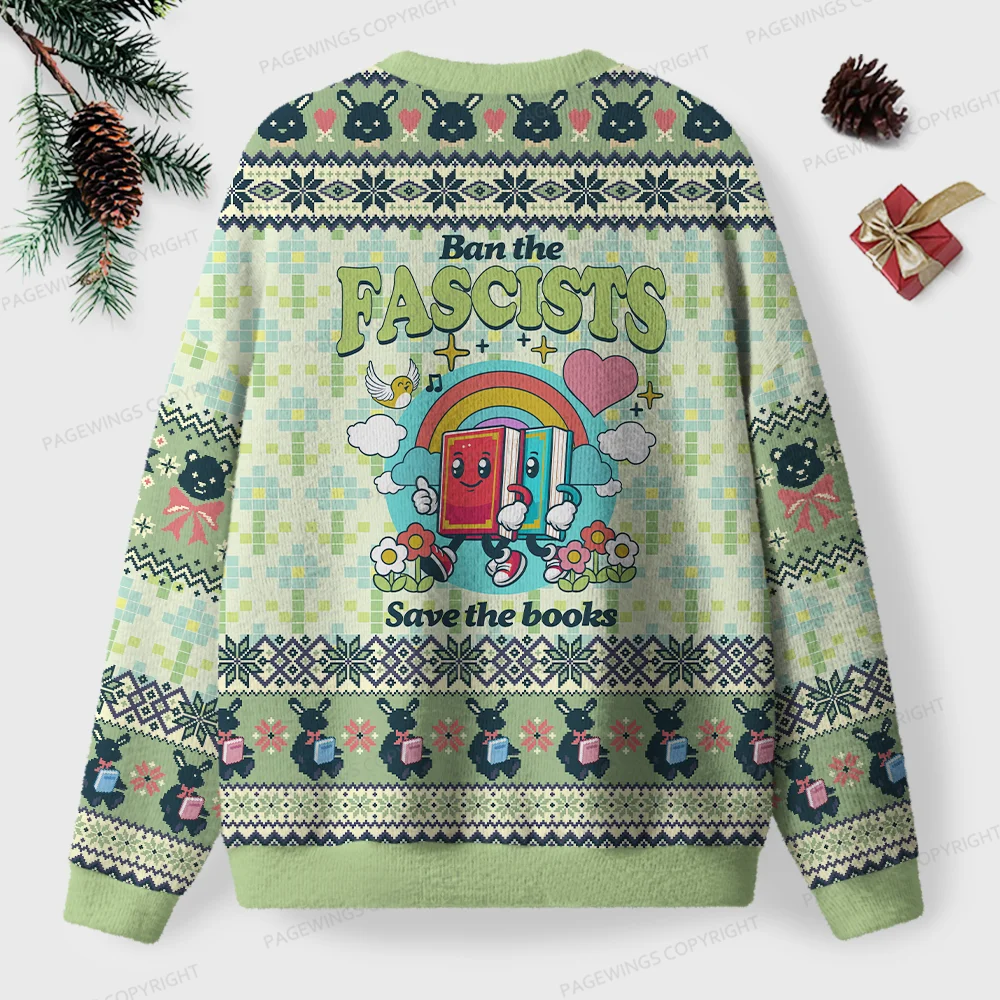 Pagewings Ban The Fascists Save The Books Unisex Ugly Knit Sweatshirt