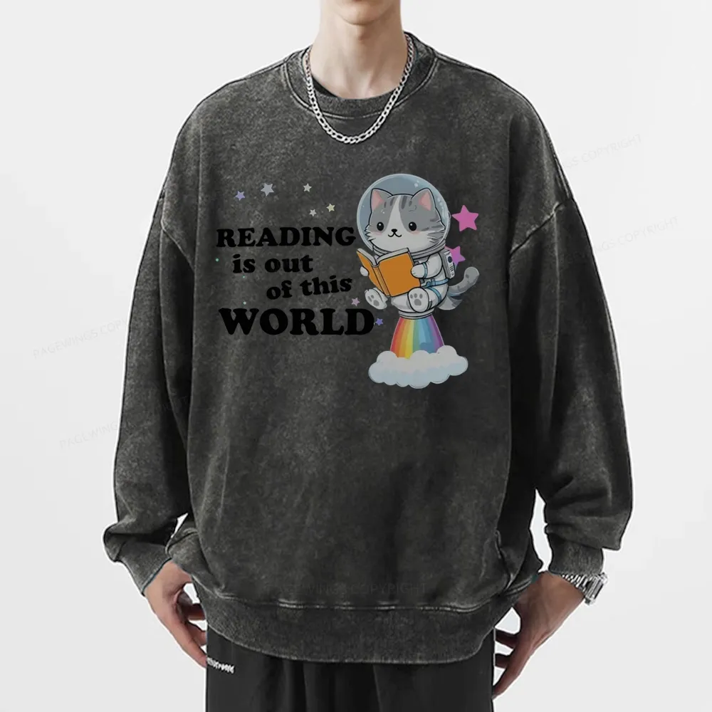 Pagewings Cat Reading in Space Unisex Washed Sweatshirt