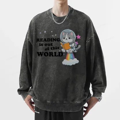 Pagewings Cat Reading in Space Unisex Washed Sweatshirt
