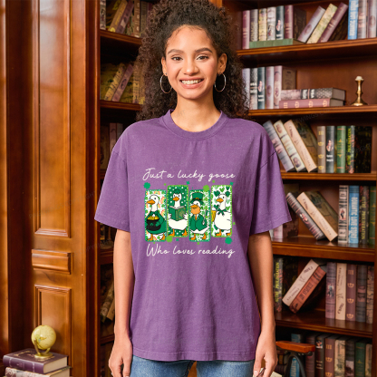 Pagewings St Patrick’s Day Just A Lucky Goose Who Loves Reading Unisex Washed T-shirt