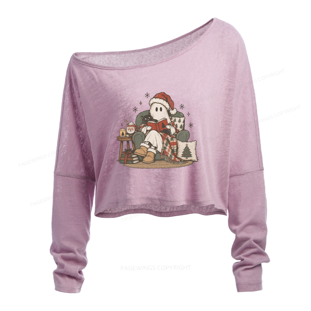 Pagewings Christmas Ghost Reading Slouchy Long Sleeve Off Shoulder T-shirt